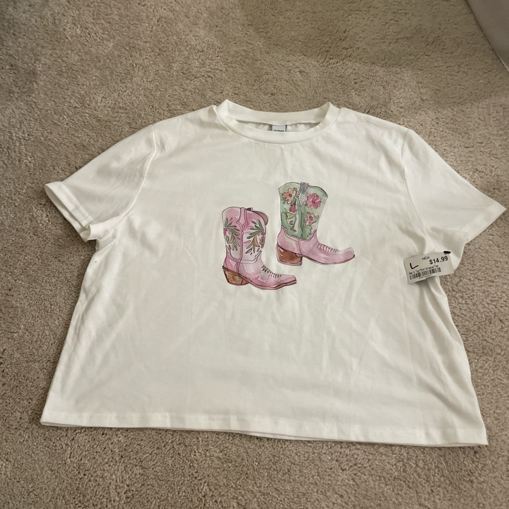 White T-Shirt with Pink Cowboy Boots Design